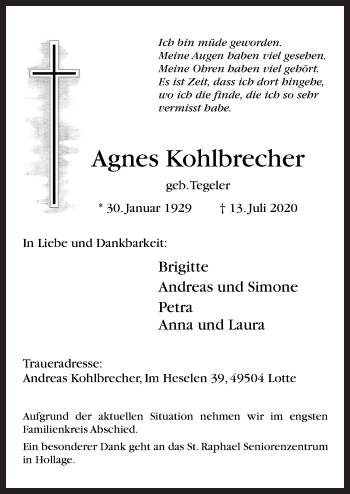 Traueranzeige von Agnes Kohlbrecher von Neue Osnabrücker Zeitung GmbH & Co. KG