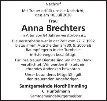 Traueranzeige von Anna Brechters von Neue Osnabrücker Zeitung GmbH & Co. KG