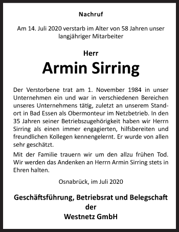 Traueranzeige von Armin Sirring von Neue Osnabrücker Zeitung GmbH & Co. KG