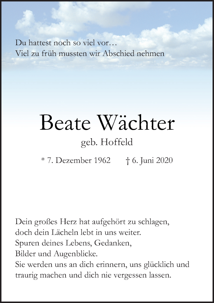  Traueranzeige für Beate Wächter vom 11.07.2020 aus Neue Osnabrücker Zeitung GmbH & Co. KG