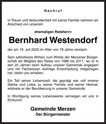 Traueranzeige von Bernhard Westendorf von Neue Osnabrücker Zeitung GmbH & Co. KG