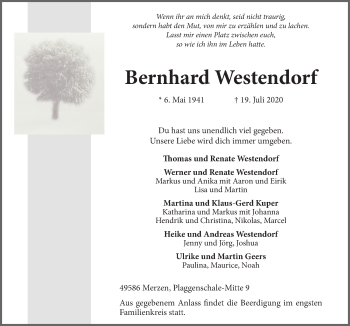 Traueranzeige von Bernhard Westendorf von Neue Osnabrücker Zeitung GmbH & Co. KG