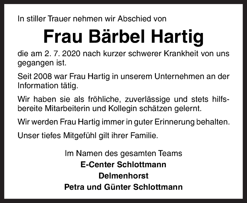  Traueranzeige für Bärbel Hartig vom 11.07.2020 aus Neue Osnabrücker Zeitung GmbH & Co. KG