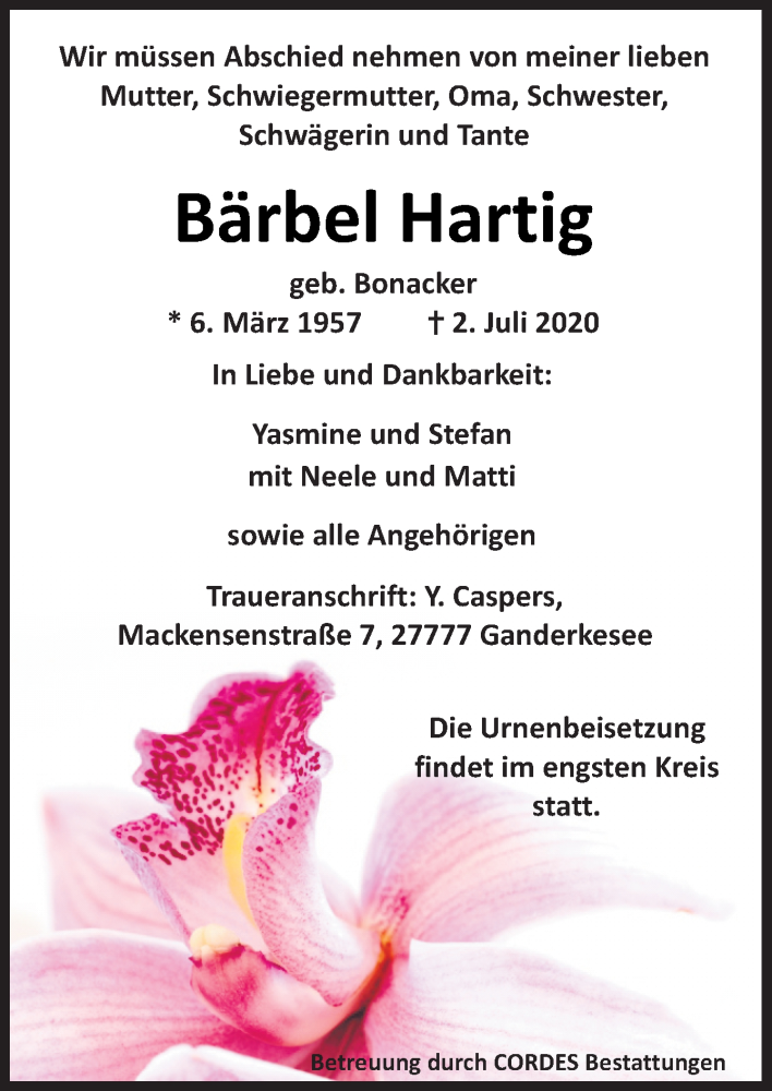  Traueranzeige für Bärbel Hartig vom 04.07.2020 aus Neue Osnabrücker Zeitung GmbH & Co. KG