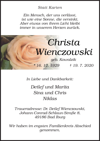 Traueranzeige von Christa Wienczowski von Neue Osnabrücker Zeitung GmbH & Co. KG