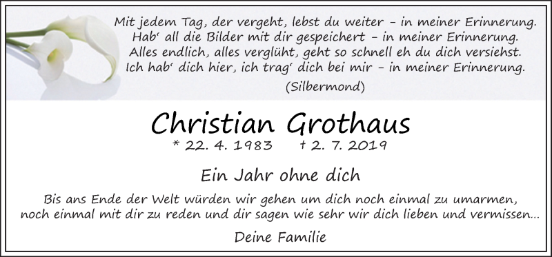  Traueranzeige für Christian Grothaus vom 02.07.2020 aus Neue Osnabrücker Zeitung GmbH & Co. KG