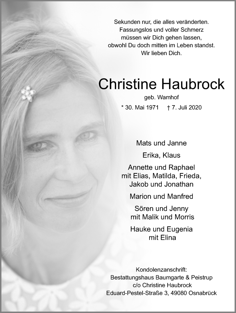  Traueranzeige für Christine Haubrock vom 11.07.2020 aus Neue Osnabrücker Zeitung GmbH & Co. KG