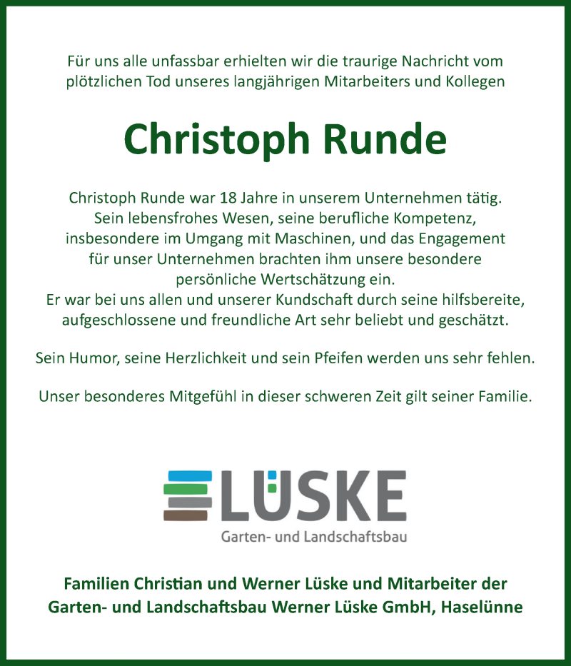  Traueranzeige für Christoph Runde vom 29.07.2020 aus Neue Osnabrücker Zeitung GmbH & Co. KG