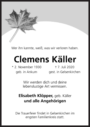Traueranzeige von Clemens Käller von Neue Osnabrücker Zeitung GmbH & Co. KG