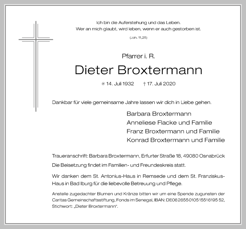  Traueranzeige für Dieter Broxtermann vom 20.07.2020 aus Neue Osnabrücker Zeitung GmbH & Co. KG
