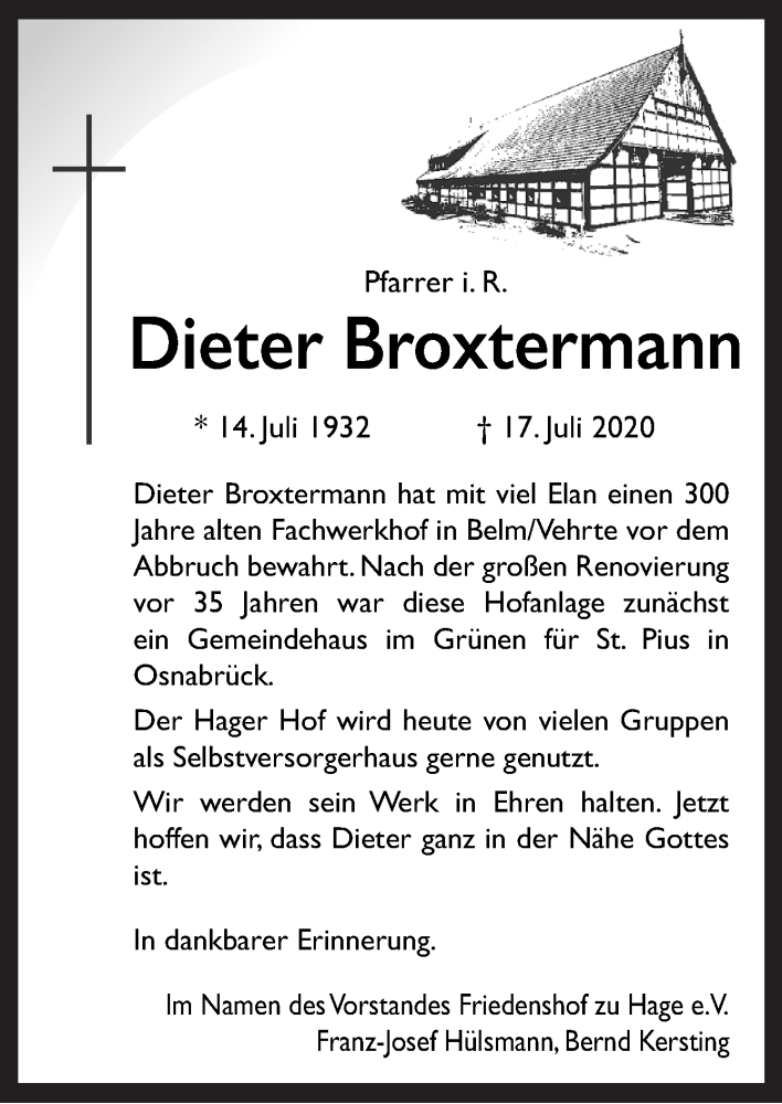  Traueranzeige für Dieter Broxtermann vom 25.07.2020 aus Neue Osnabrücker Zeitung GmbH & Co. KG