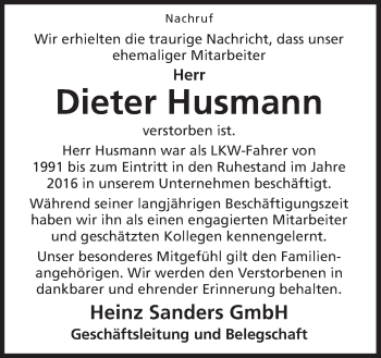 Traueranzeige von Dieter Husmann von Neue Osnabrücker Zeitung GmbH & Co. KG