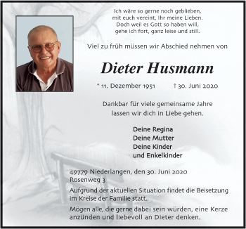 Traueranzeige von Dieter Husmann von Neue Osnabrücker Zeitung GmbH & Co. KG