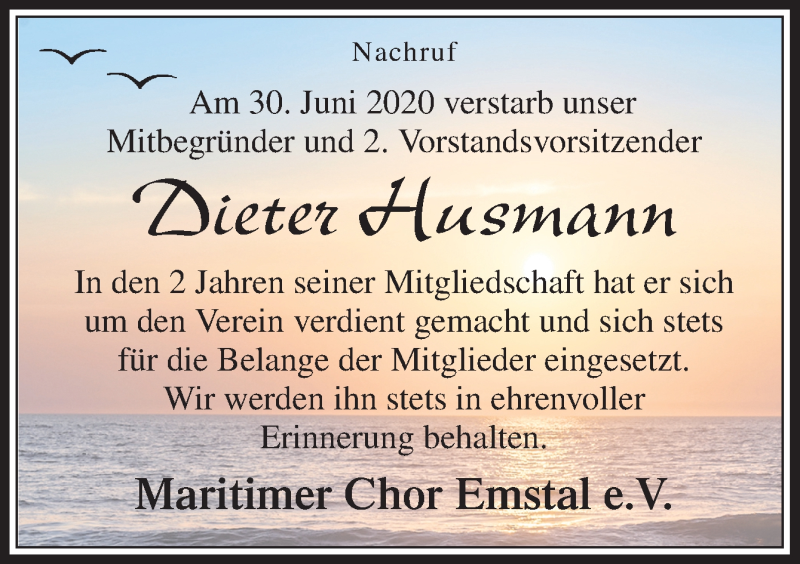 Traueranzeige für Dieter Husmann vom 04.07.2020 aus Neue Osnabrücker Zeitung GmbH & Co. KG