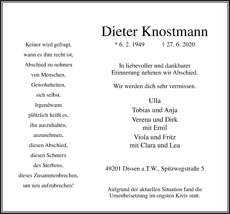  Traueranzeige für Dieter Knostmann vom 04.07.2020 aus Neue Osnabrücker Zeitung GmbH & Co. KG