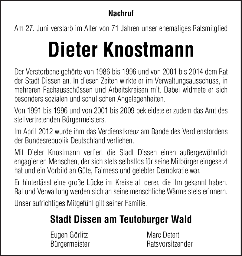  Traueranzeige für Dieter Knostmann vom 06.07.2020 aus Neue Osnabrücker Zeitung GmbH & Co. KG