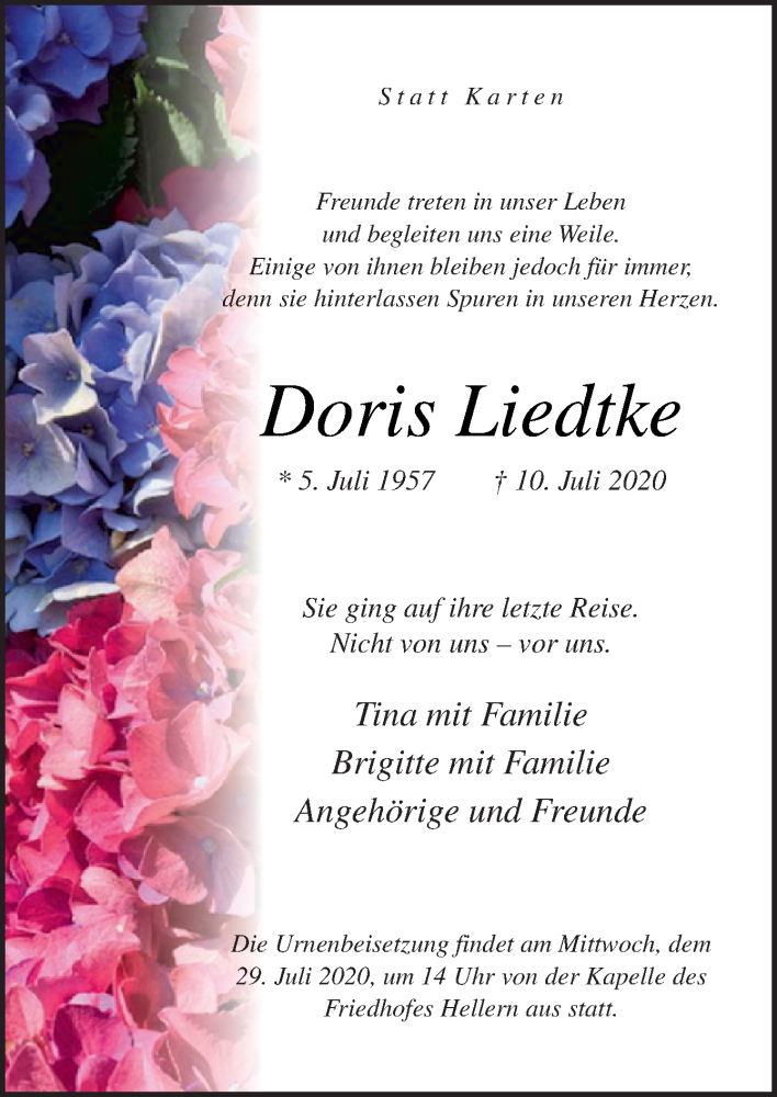  Traueranzeige für Doris Liedtke vom 18.07.2020 aus Neue Osnabrücker Zeitung GmbH & Co. KG