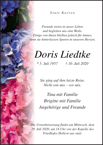 Traueranzeige von Doris Liedtke von Neue Osnabrücker Zeitung GmbH & Co. KG