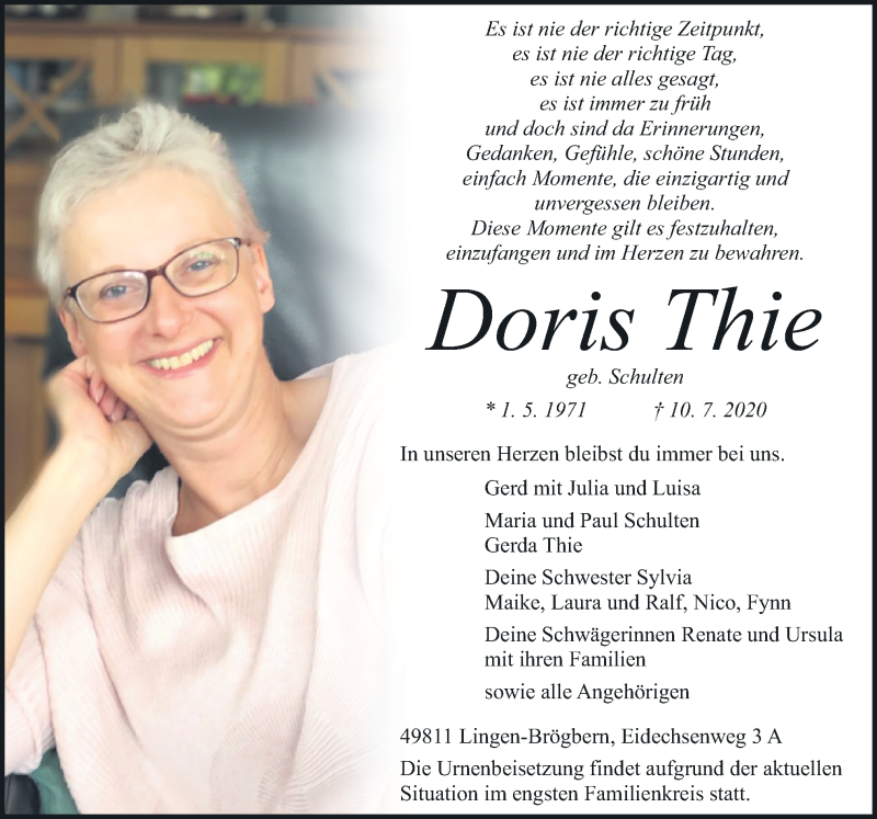  Traueranzeige für Doris Thie vom 13.07.2020 aus Neue Osnabrücker Zeitung GmbH & Co. KG