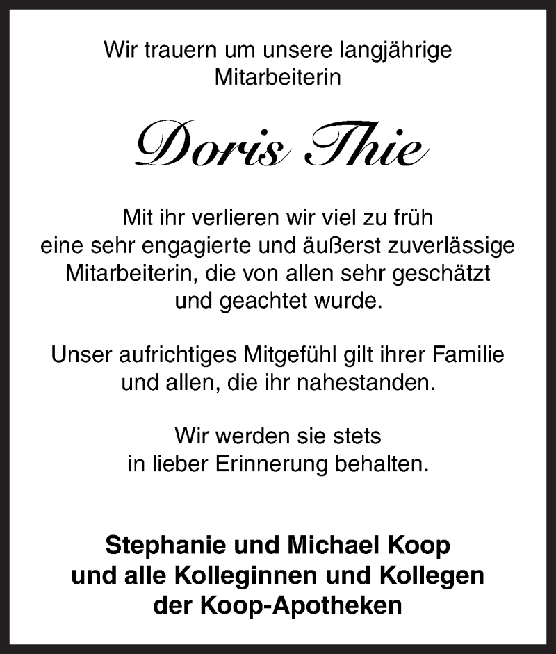  Traueranzeige für Doris Thie vom 16.07.2020 aus Neue Osnabrücker Zeitung GmbH & Co. KG