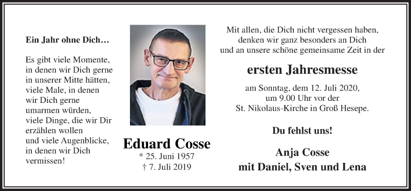 Traueranzeige für Eduard Cosse vom 07.07.2020 aus Neue Osnabrücker Zeitung GmbH & Co. KG