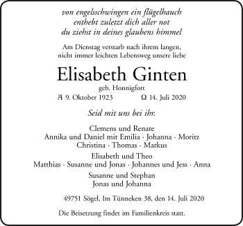 Traueranzeigen von Elisabeth Ginten | noz Trauerportal