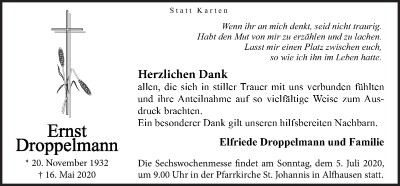  Traueranzeige für Ernst Droppelmann vom 01.07.2020 aus Neue Osnabrücker Zeitung GmbH & Co. KG