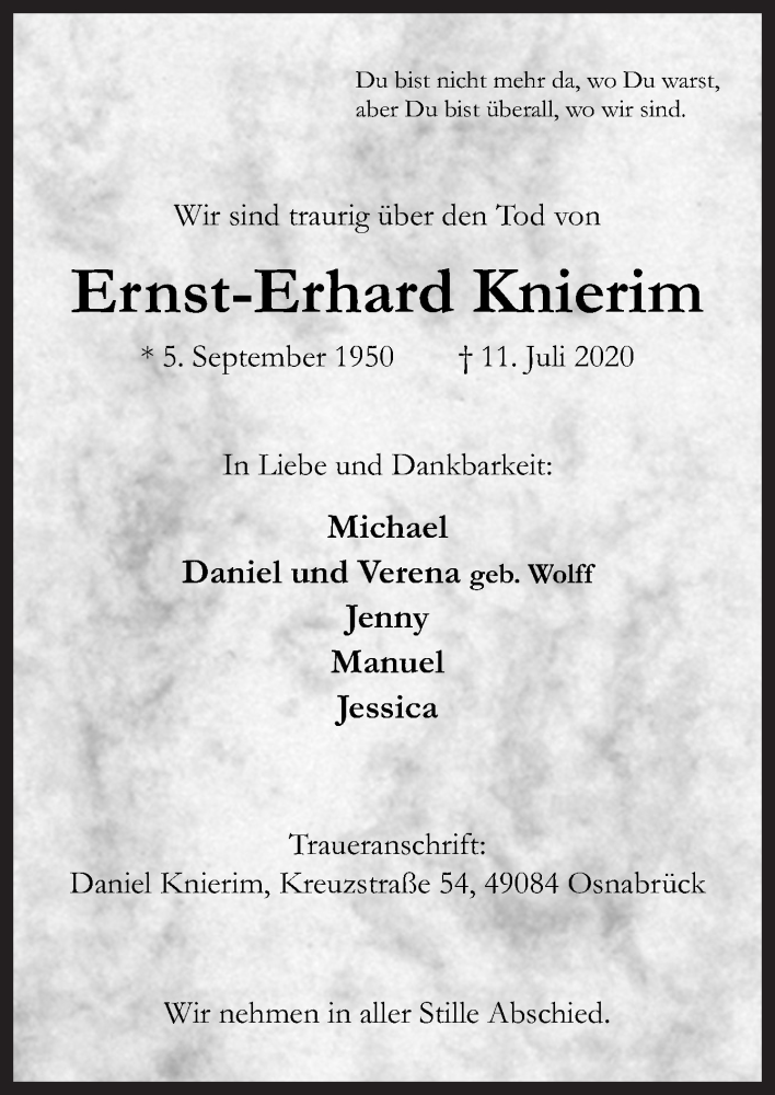  Traueranzeige für Ernst-Erhard Knierim vom 18.07.2020 aus Neue Osnabrücker Zeitung GmbH & Co. KG