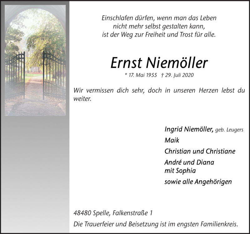  Traueranzeige für Ernst Niemöller vom 31.07.2020 aus Neue Osnabrücker Zeitung GmbH & Co. KG