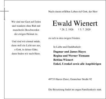 Traueranzeige von Ewald Wienert von Neue Osnabrücker Zeitung GmbH & Co. KG