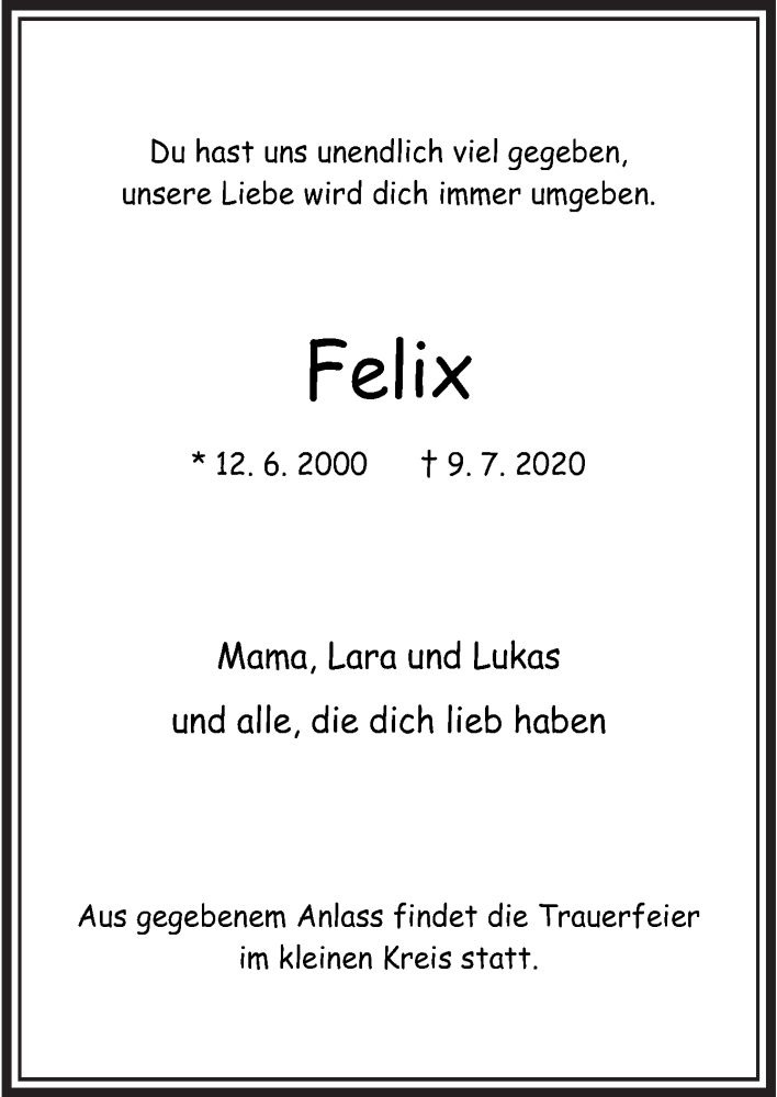  Traueranzeige für Felix Steinsiek vom 18.07.2020 aus Neue Osnabrücker Zeitung GmbH & Co. KG
