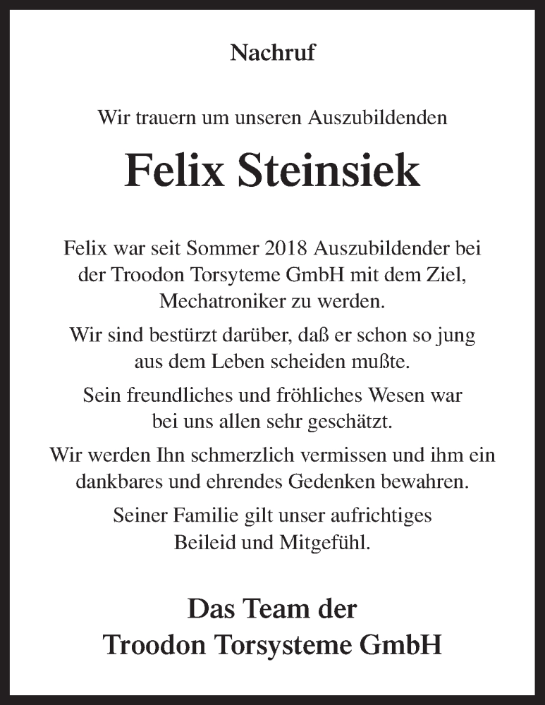  Traueranzeige für Felix Steinsiek vom 18.07.2020 aus Neue Osnabrücker Zeitung GmbH & Co. KG