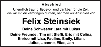 Traueranzeige von Felix Steinsiek von Neue Osnabrücker Zeitung GmbH & Co. KG