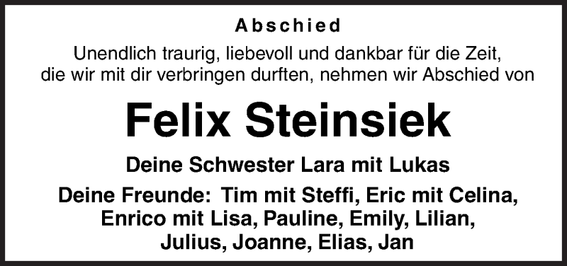  Traueranzeige für Felix Steinsiek vom 18.07.2020 aus Neue Osnabrücker Zeitung GmbH & Co. KG