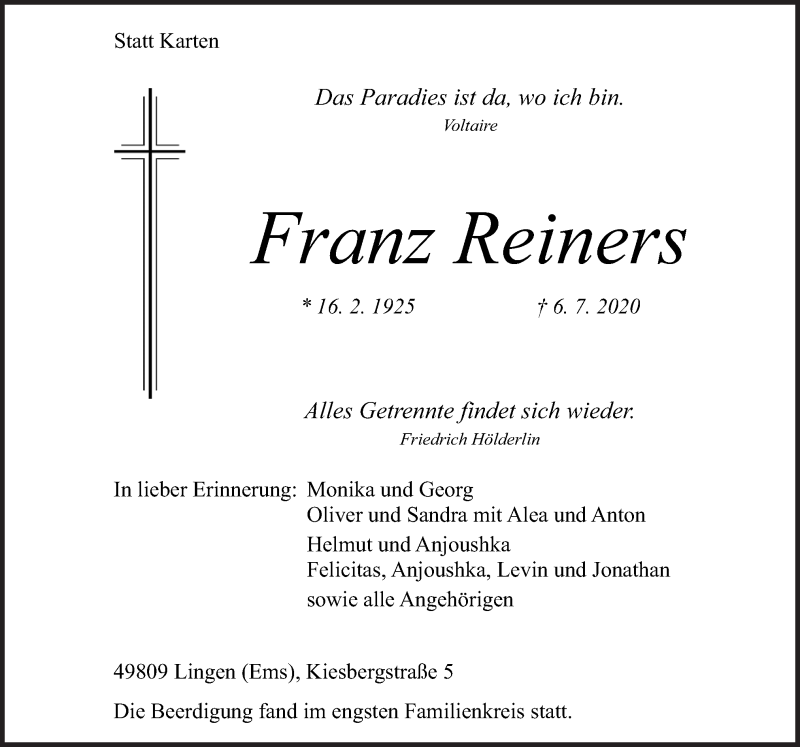  Traueranzeige für Franz Reiners vom 11.07.2020 aus Neue Osnabrücker Zeitung GmbH & Co. KG