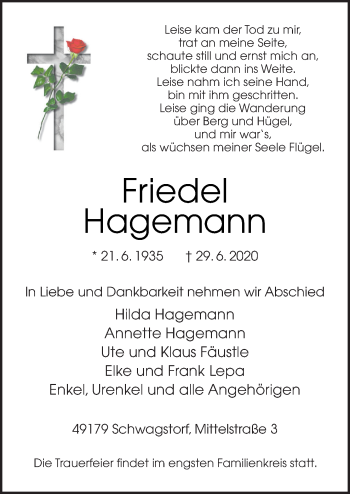 Traueranzeige von Friedel Hagemann von Neue Osnabrücker Zeitung GmbH & Co. KG