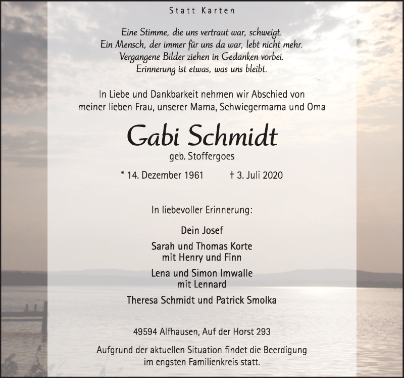  Traueranzeige für Gabi Schmidt vom 06.07.2020 aus Neue Osnabrücker Zeitung GmbH & Co. KG