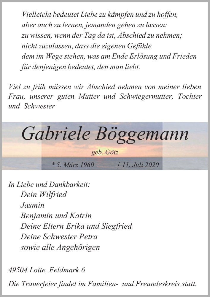  Traueranzeige für Gabriele Böggemann vom 18.07.2020 aus Neue Osnabrücker Zeitung GmbH & Co. KG