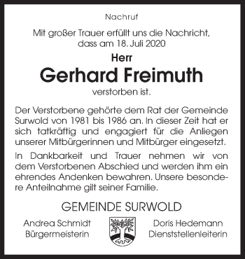 Traueranzeige von Gerhard Freimuth von Neue Osnabrücker Zeitung GmbH & Co. KG