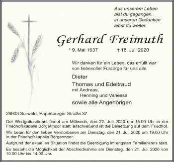 Traueranzeige von Gerhard Freimuth von Neue Osnabrücker Zeitung GmbH & Co. KG