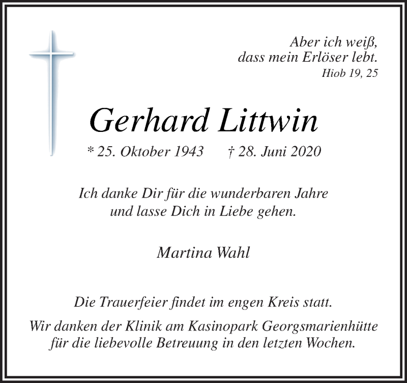  Traueranzeige für Gerhard Littwin vom 04.07.2020 aus Neue Osnabrücker Zeitung GmbH & Co. KG
