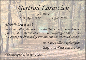 Traueranzeige von Gertrud Lasarzick von Neue Osnabrücker Zeitung GmbH & Co. KG