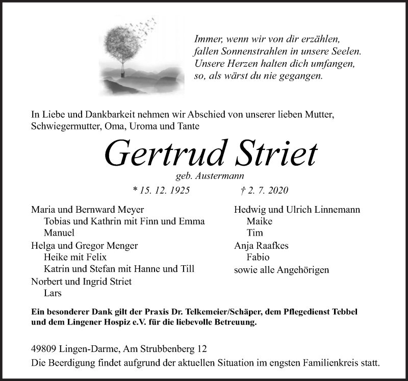  Traueranzeige für Gertrud Striet vom 04.07.2020 aus Neue Osnabrücker Zeitung GmbH & Co. KG