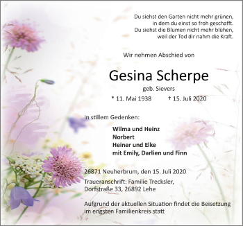 Traueranzeige von Gesina Scherpe von Neue Osnabrücker Zeitung GmbH & Co. KG