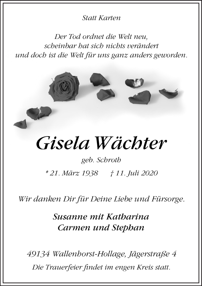  Traueranzeige für Gisela Wächter vom 13.07.2020 aus Neue Osnabrücker Zeitung GmbH & Co. KG
