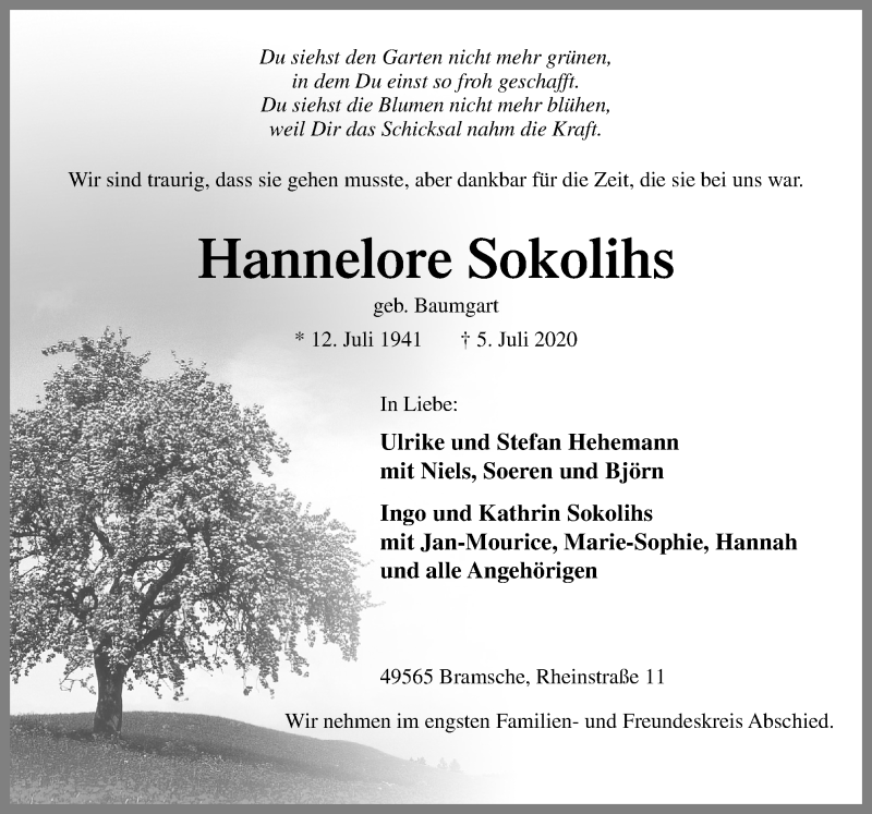  Traueranzeige für Hannelore Sokolihs vom 11.07.2020 aus Neue Osnabrücker Zeitung GmbH & Co. KG