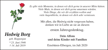 Traueranzeige von Hedwig Borg von Neue Osnabrücker Zeitung GmbH & Co. KG