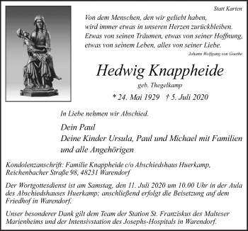 Traueranzeige von Hedwig Knappheide von Neue Osnabrücker Zeitung GmbH & Co. KG