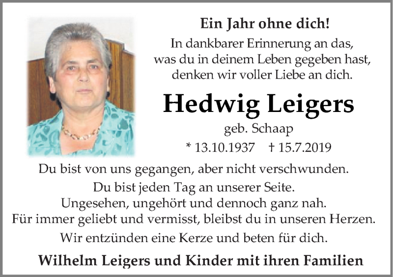  Traueranzeige für Hedwig Leigers vom 15.07.2020 aus Neue Osnabrücker Zeitung GmbH & Co. KG