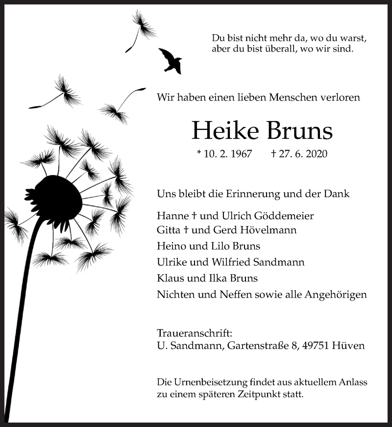  Traueranzeige für Heike Bruns vom 04.07.2020 aus Neue Osnabrücker Zeitung GmbH & Co. KG
